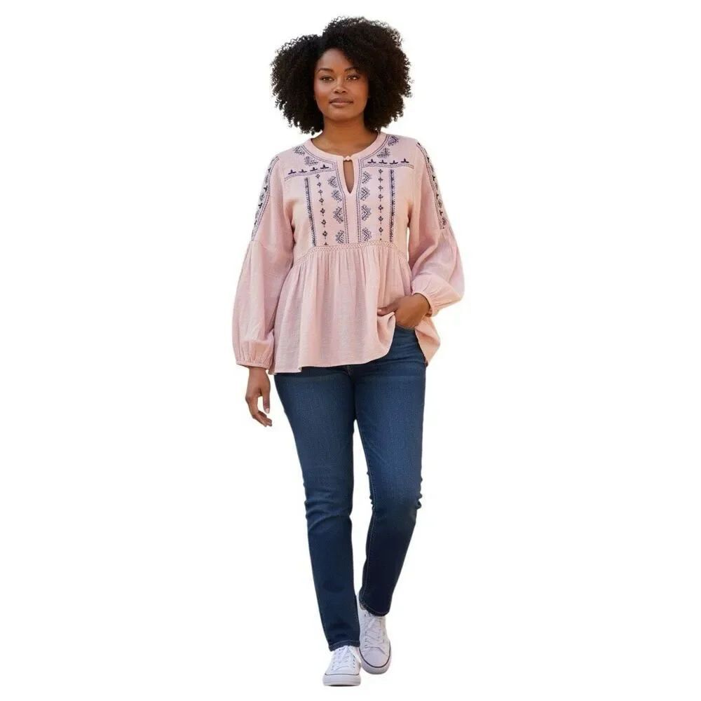 True Craft Embroidered Babydoll Peasant Boho Blouse XL Lyric Pink Nashville